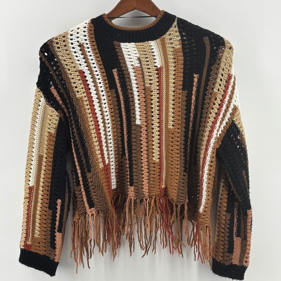 Gilded Intent Womens Crochet Fringe Sweater Multi Color Stripe PT17420-BU Medium - Picture 3 of 8